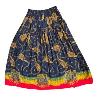 Vintage Ornate Scarf Print Midi Skirt Royal Lions Baroque Maximalist Women Small